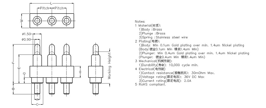 3 Pin Pogo  Pin Connector plug in type