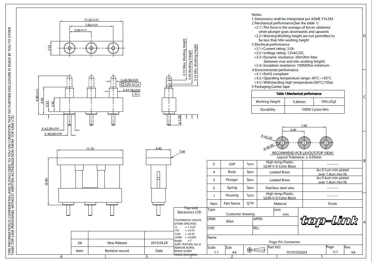 10101032824 3pin pogo pin connector