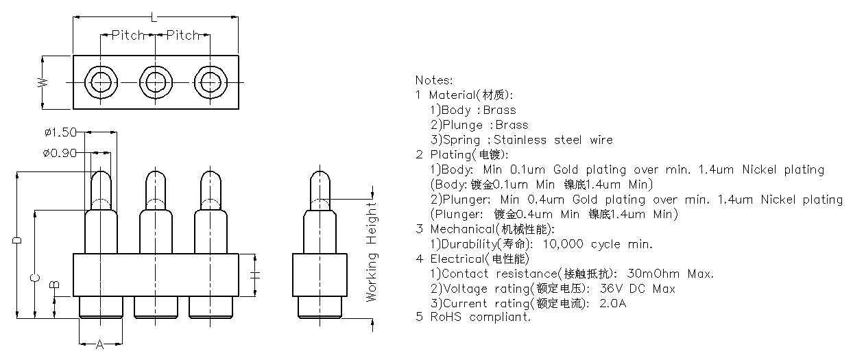 3 Pin Vertical & SMT Pogo Pin Connector Dimensional Diagram